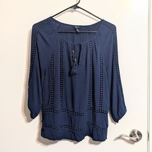 Forever 21 Navy Blue Boho Blouse - Crochet Trim & Tassels - Size S